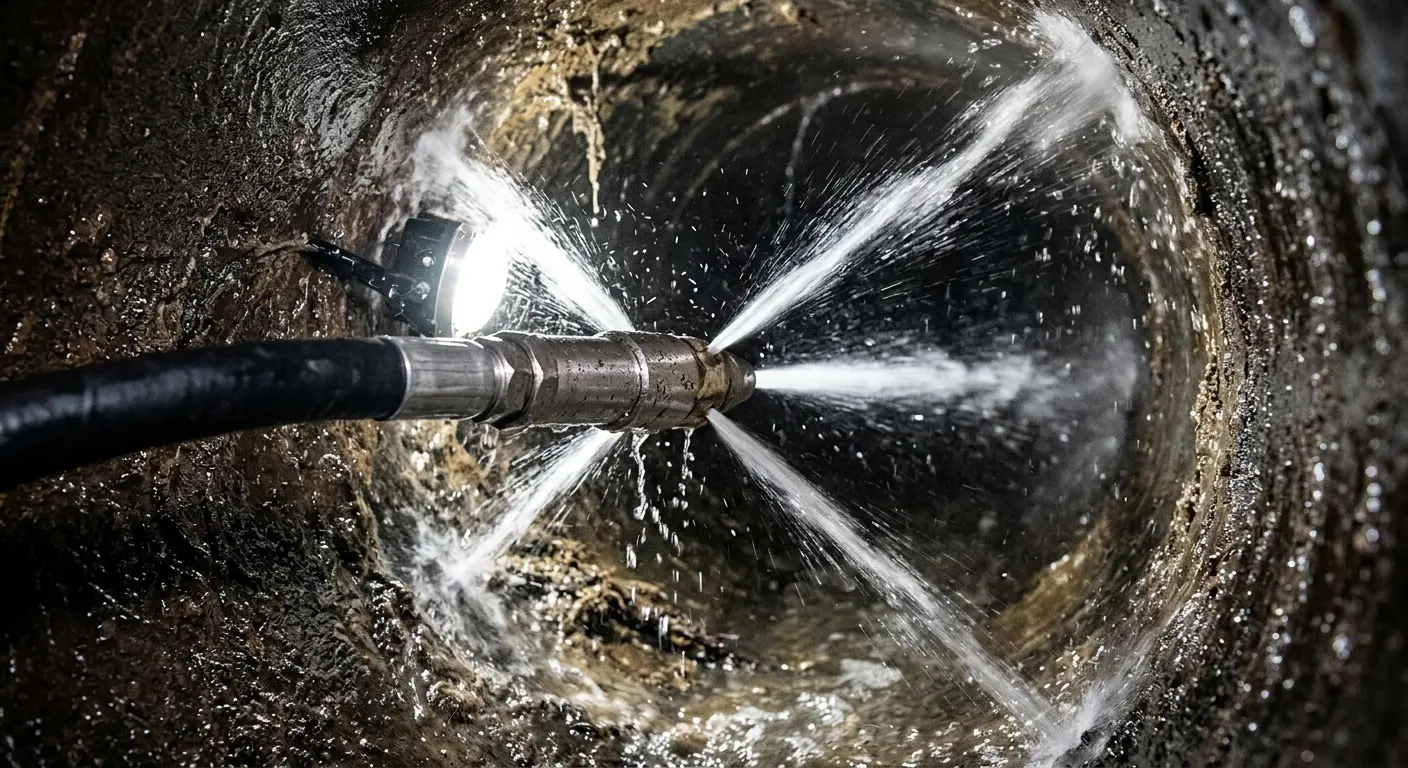 High-pressure hydro jetting nozzle cleaning sewer pipe for Emergency Drain Service in Huntington